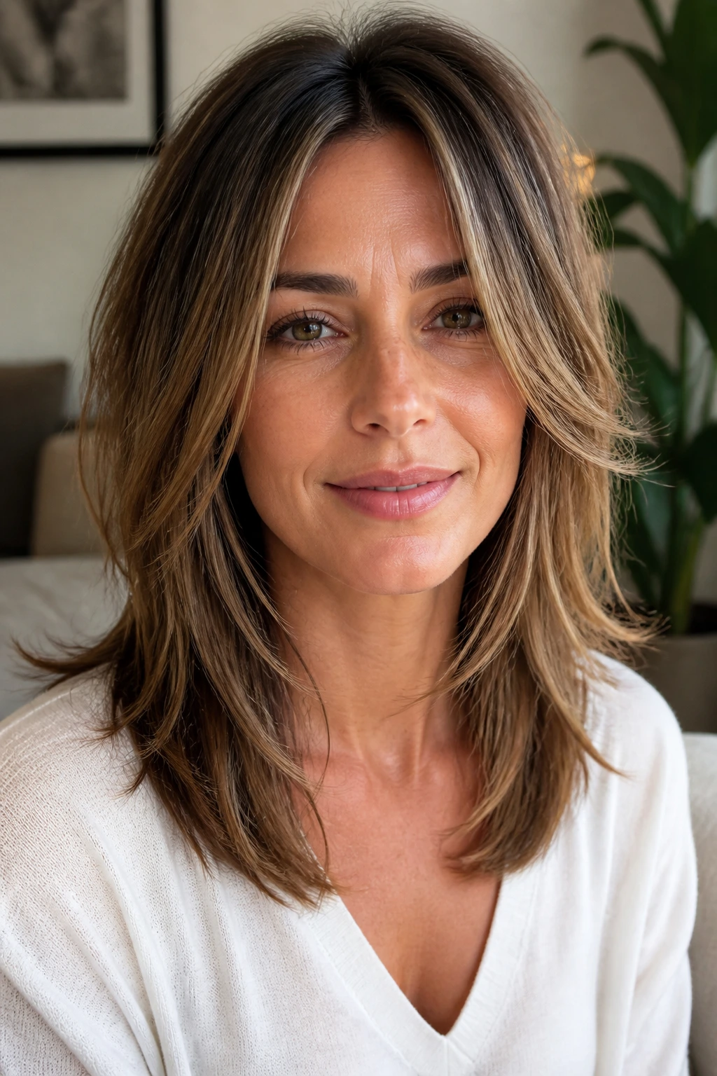 Close-up portrait of a real woman with razor-cut mid-length layers and feathered ends.