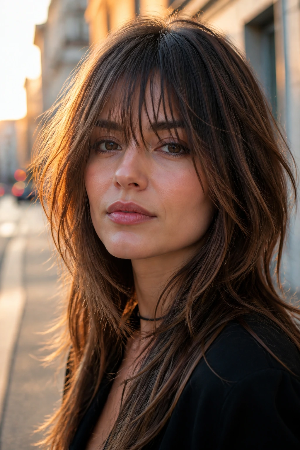 Close-up portrait of a real woman with razor-cut layers and piecey bangs on an urban street at golden hour
