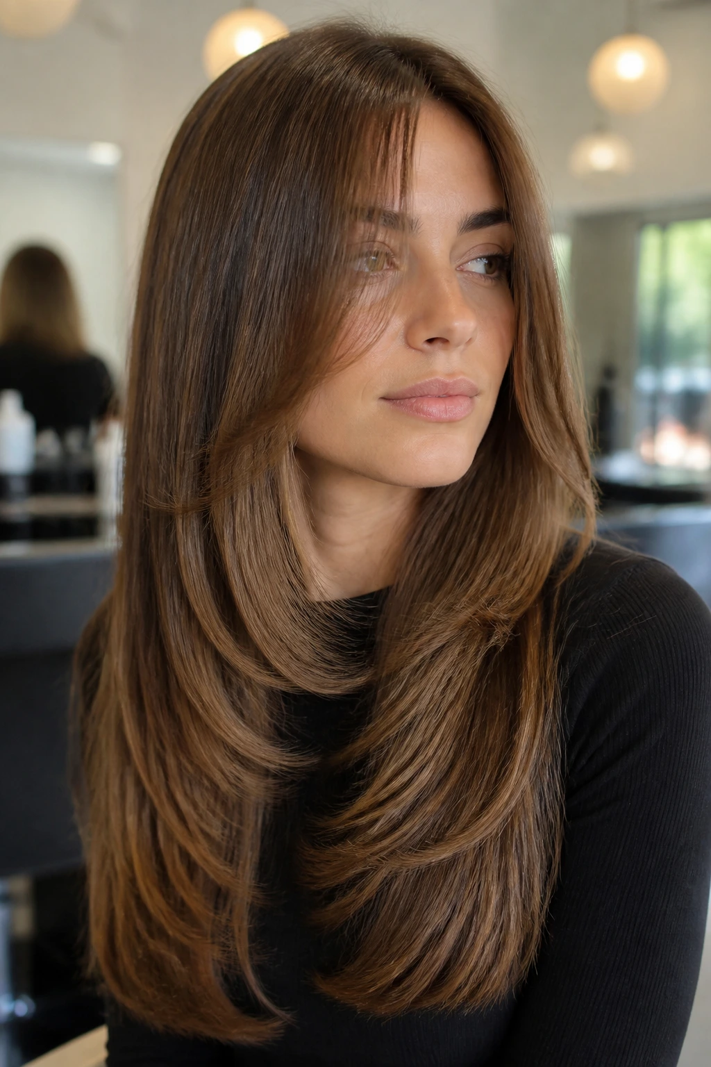 Close-up portrait of a real person with razor-cut layers on straight, dense hair in a warm salon