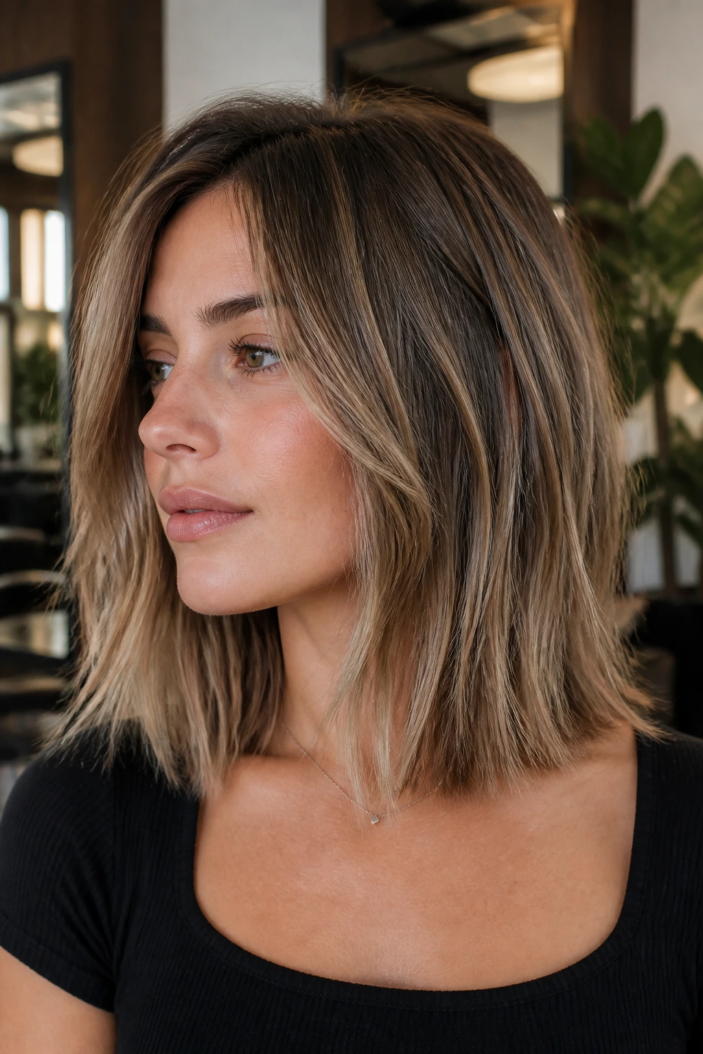 Real woman with razor-cut lob and feathered ends