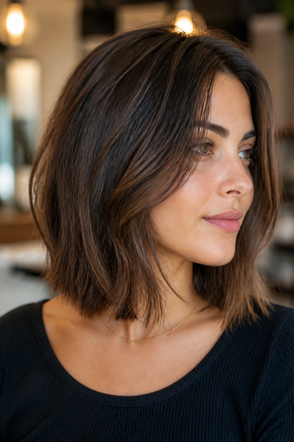 Portrait of a woman with a razor-cut lob showing feathered ends.