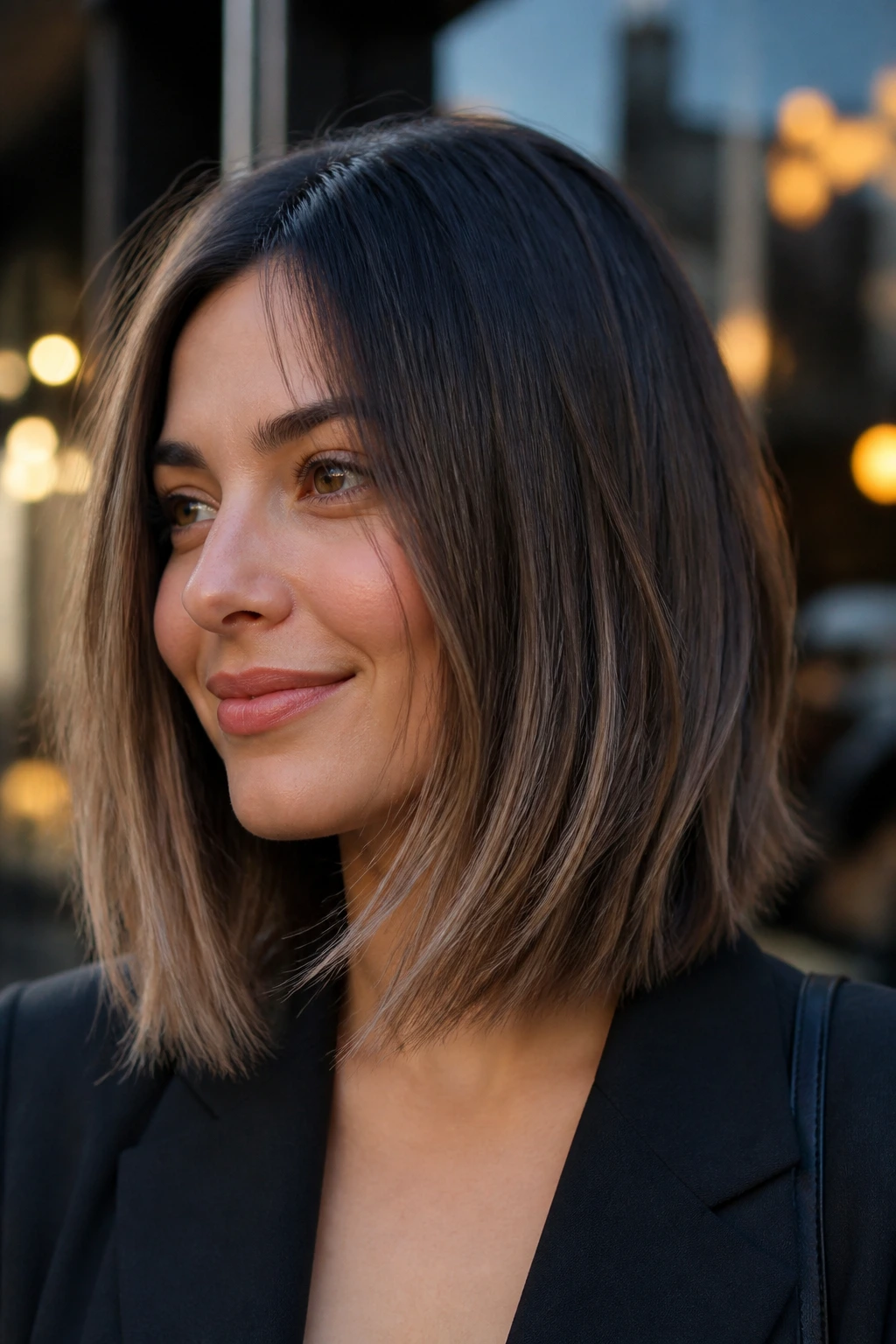 Close-up of a real woman with a Razor-Cut Lob With Airy Ends; movement in the hair