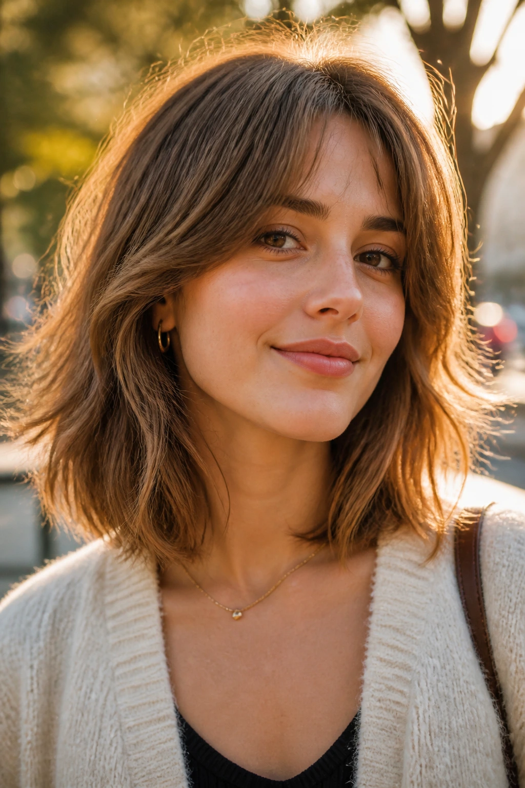 Close-up portrait of a real person with razor-cut lob and airy curtain fringe in golden hour light