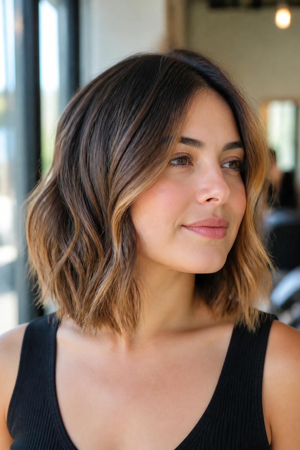 Close-up of a real woman with a razor-cut lob, loose edge, and soft movement in warm salon light.