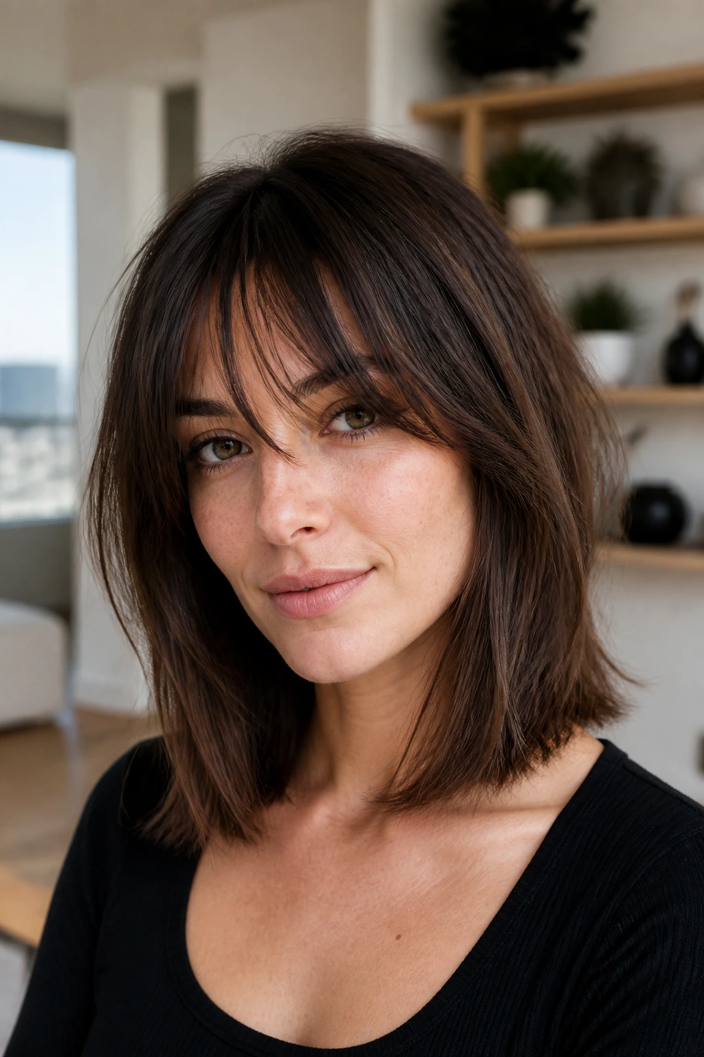 Close-up portrait of a real woman with razor-cut lob and long fringe