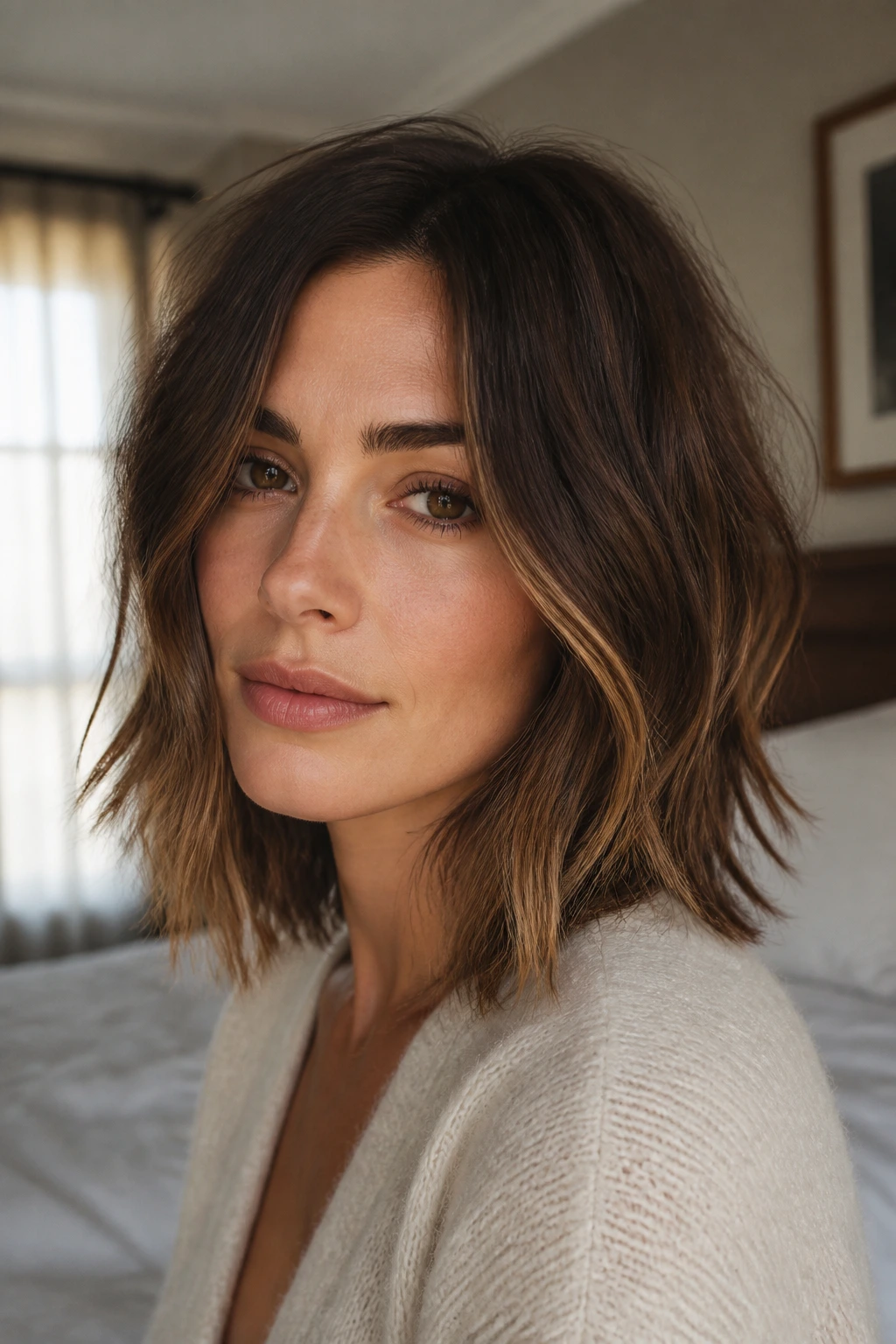 Close-up of a real woman with a textured razor-cut lob under natural window light.