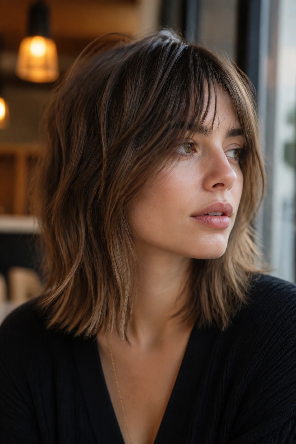 Portrait of real person with razor-cut lob shag on shoulder-length hair in cafe-window light.