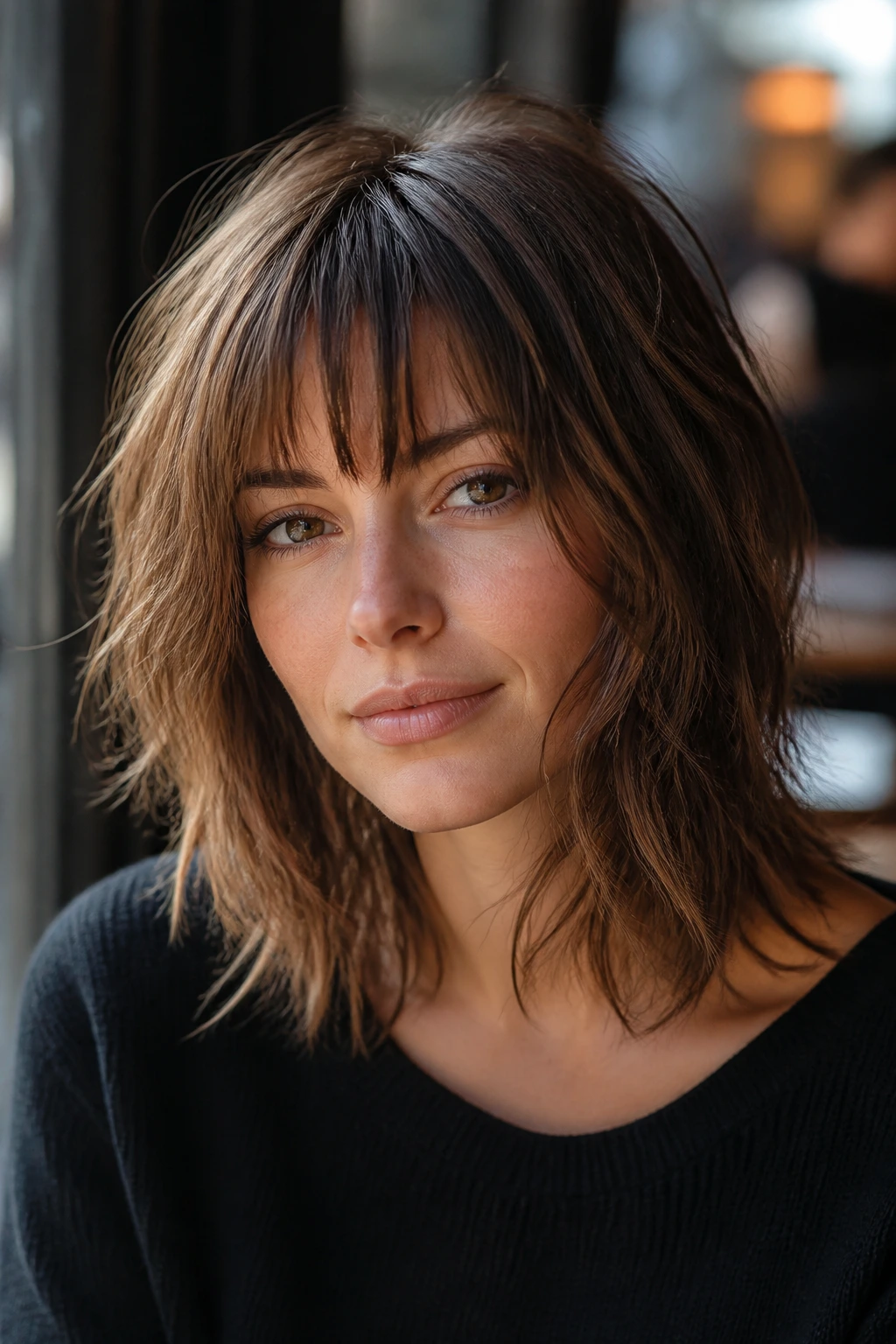 Close-up portrait of a real woman with a razor-cut lob and shattered bangs in soft cafe light