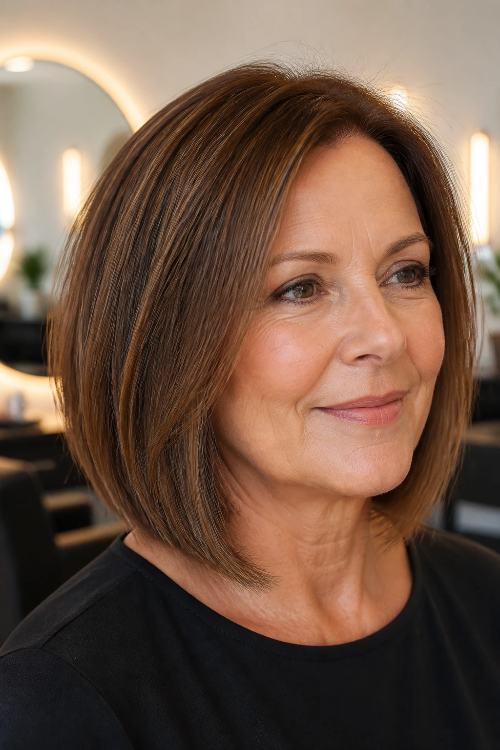 Close-up of a real woman with a razor-cut warm brown lob