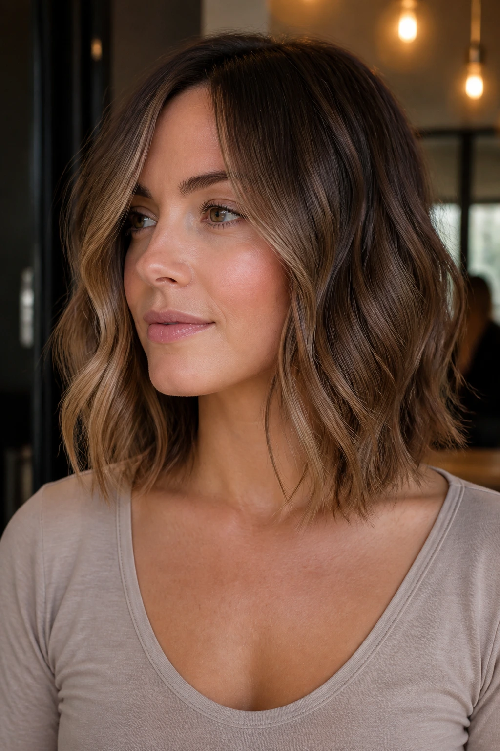 Real woman portrait with razor-cut lob showing soft edges