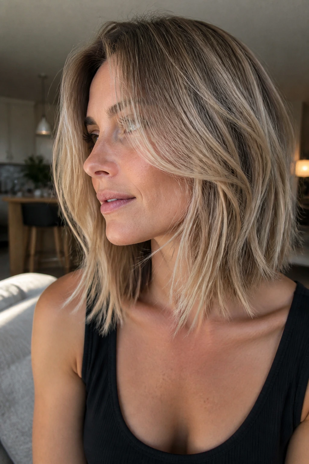 Real woman with Razor-Cut Lob Wispy Finish in soft window light