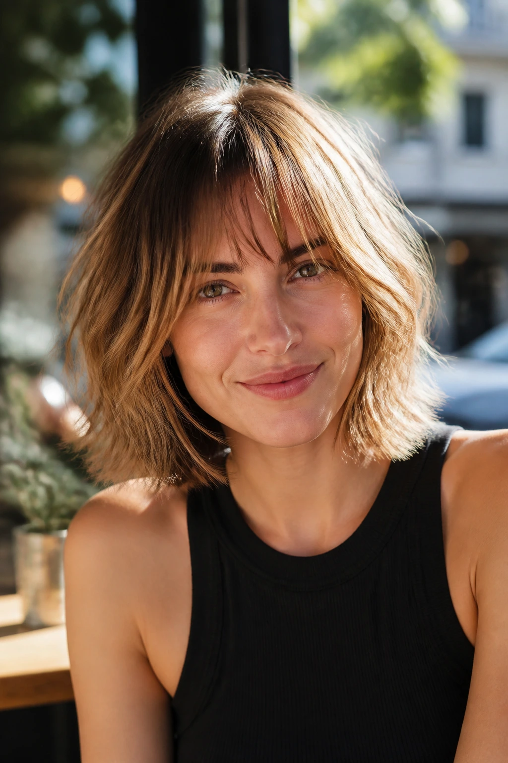 Real woman with razor-cut lob and wispy fringe in natural daylight
