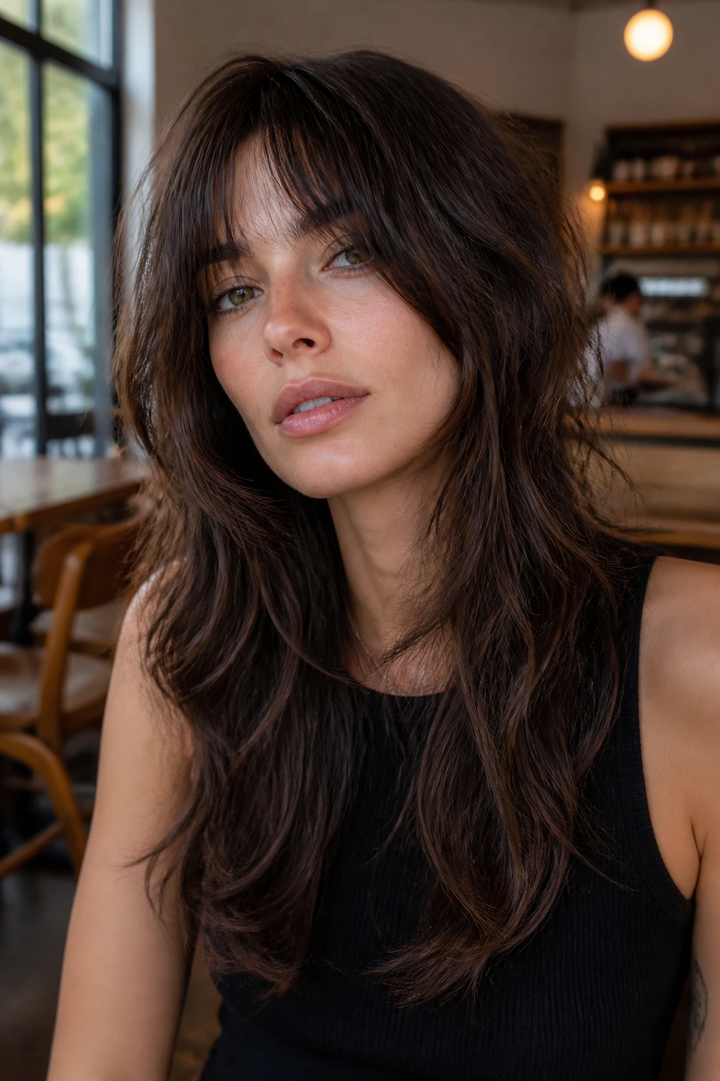 Close-up of a real person showing Razor-Cut Long Shag with airy layers.