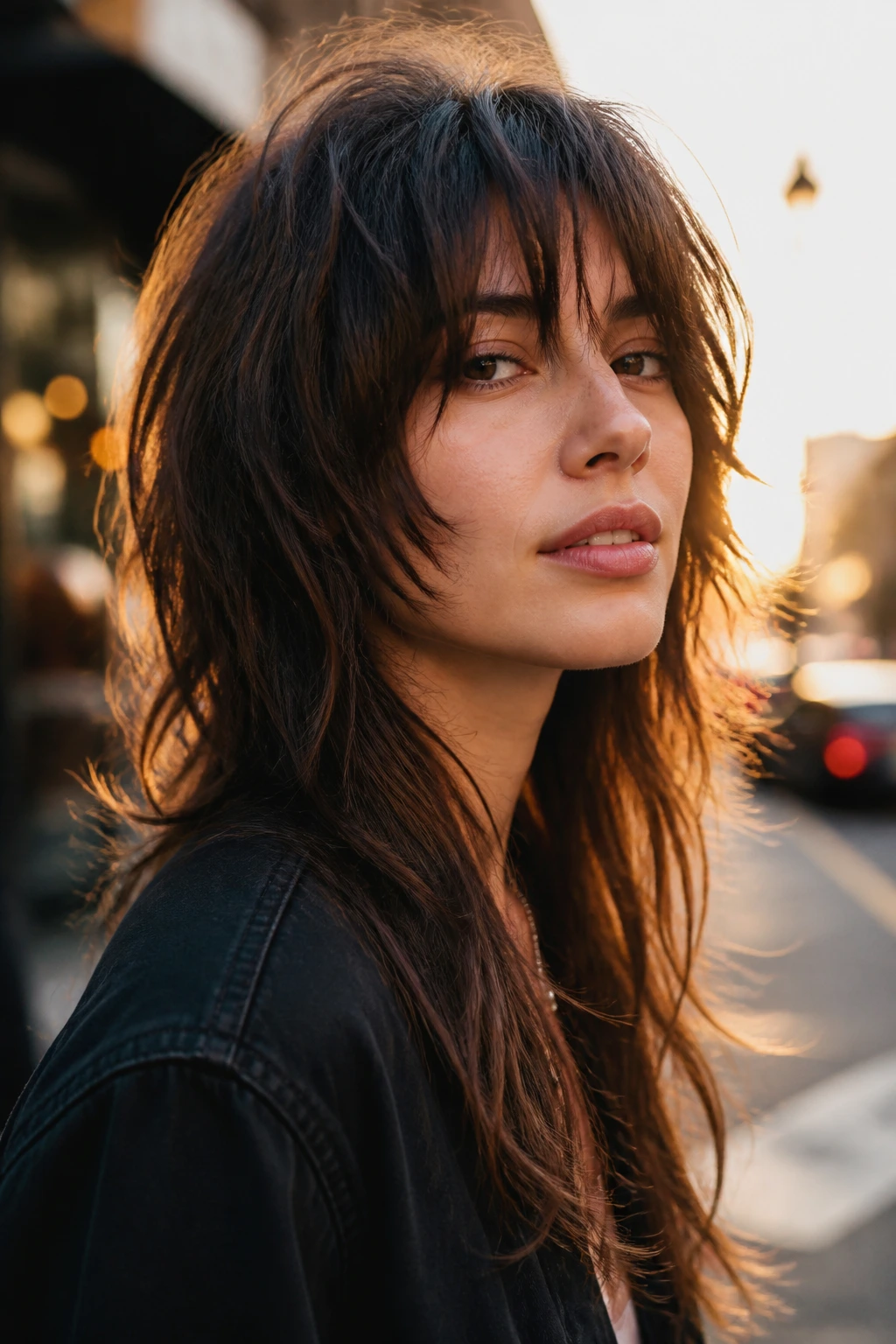 Portrait of a real woman with razor-cut long shag showing shredded edges