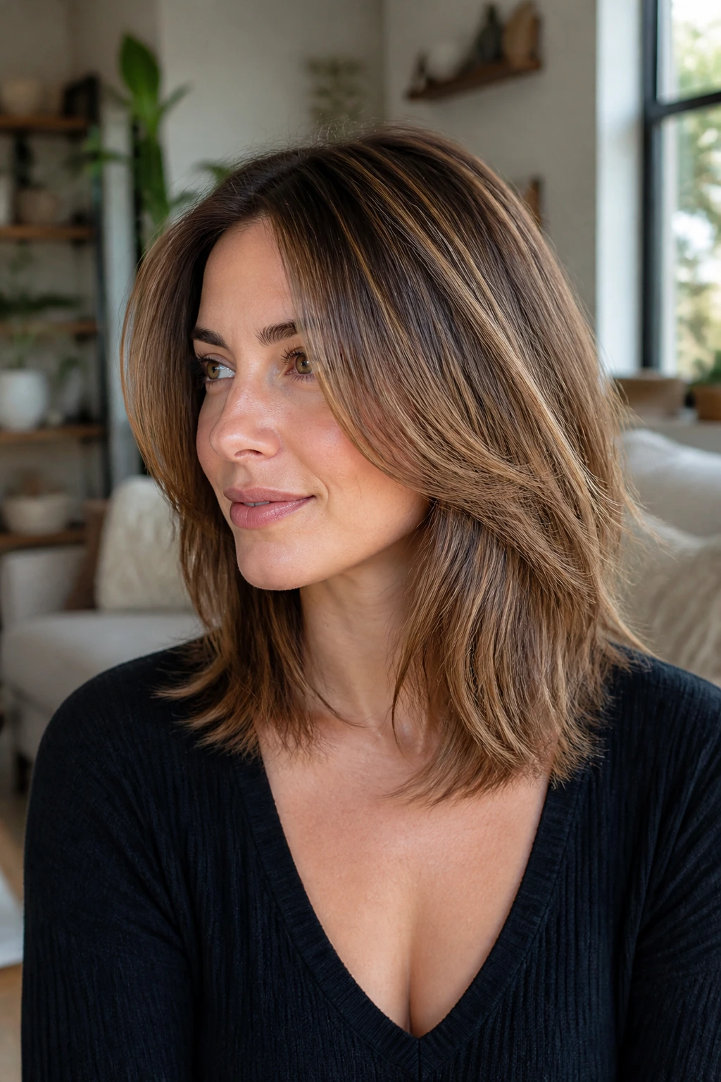 Portrait of a woman with razor-cut mid-length layers.