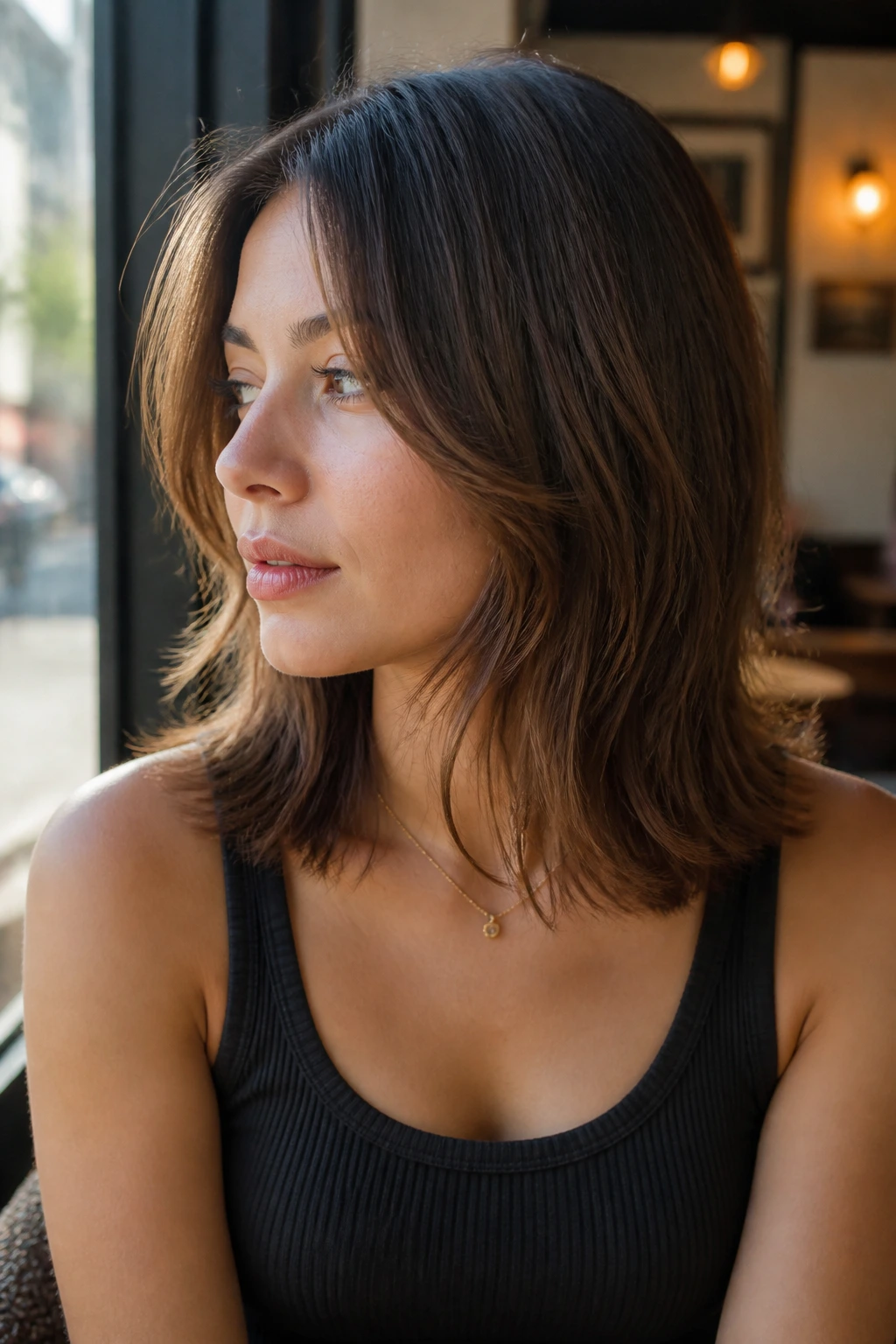 Portrait of a real person with razor-cut midi hair and feathered ends in warm cafe light.