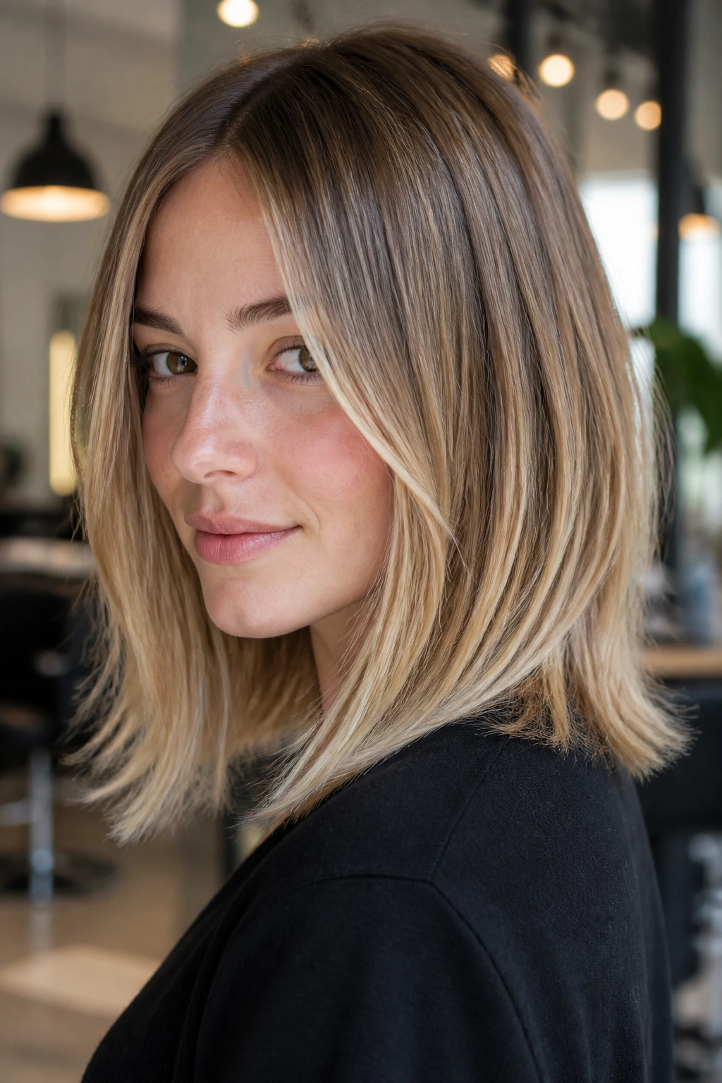 Close-up of real woman with razor-cut midi and light feathered ends on shoulder-length hair.