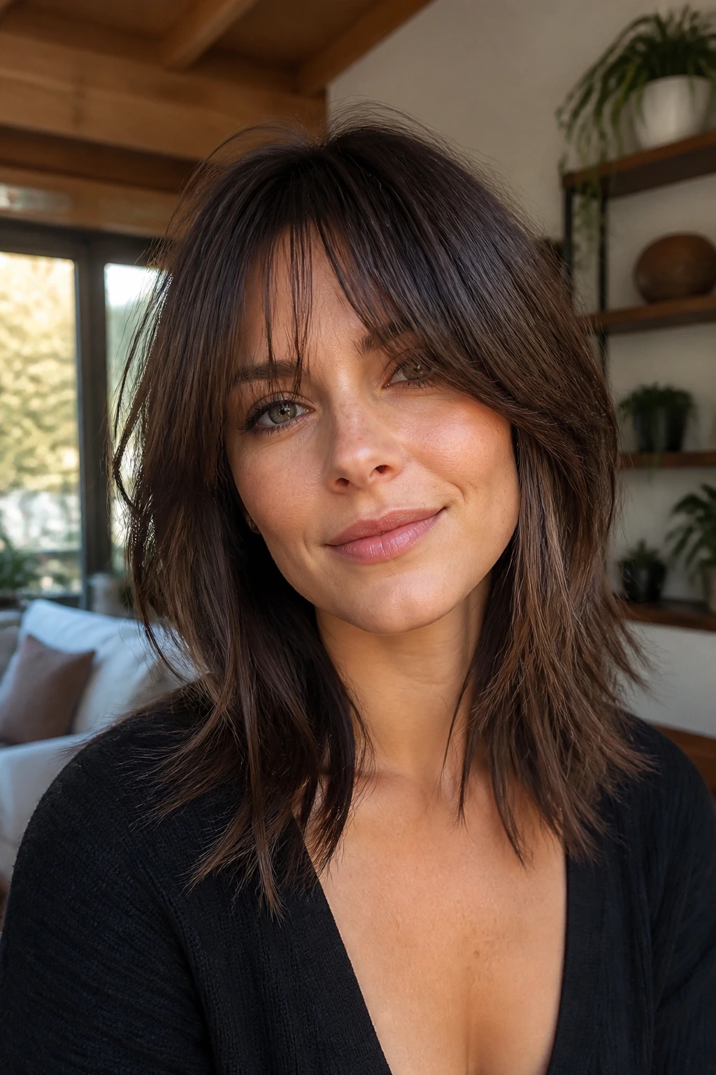 Portrait of a woman with a razor-cut midi and face-framing fringe