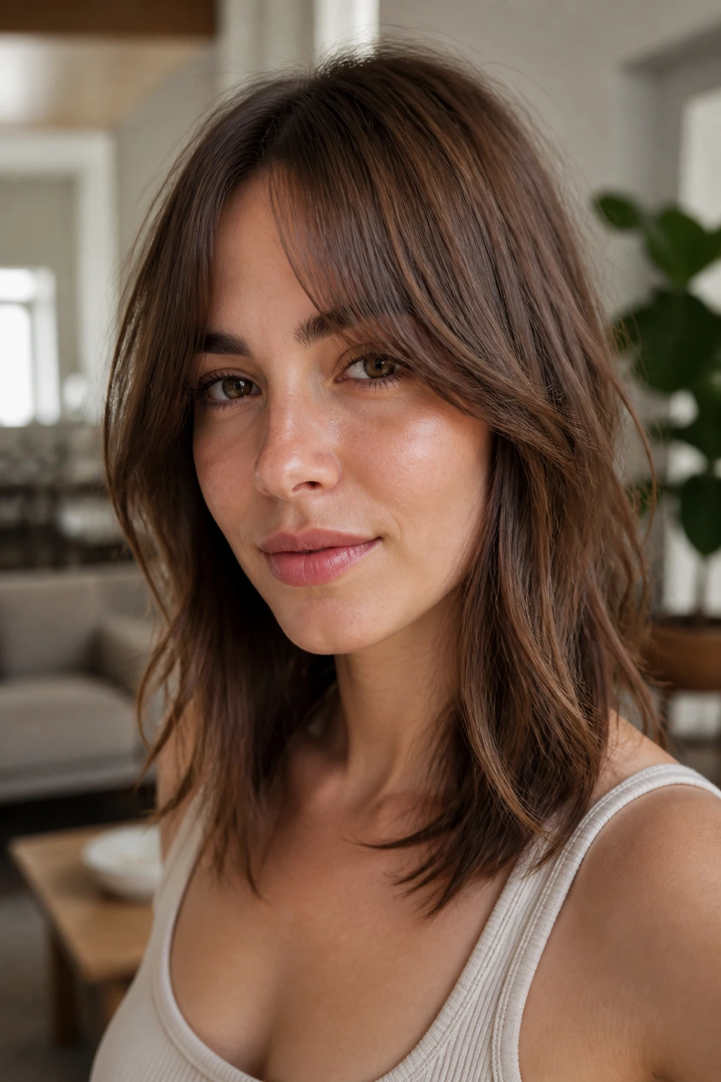 Close-up portrait of a woman with razor-cut midi length and grown-out bangs