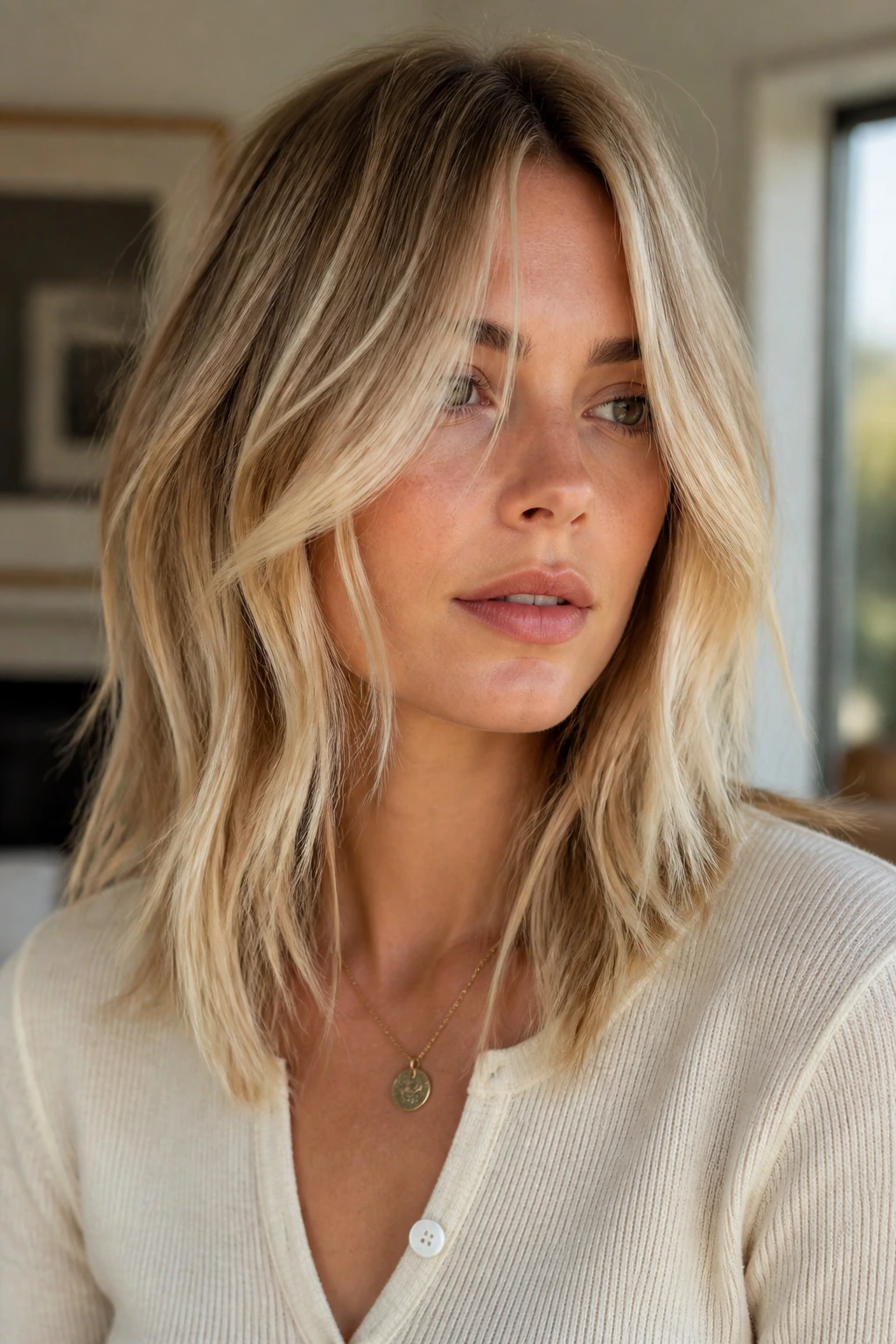 Real woman with razor-cut mid-length hair and loose ends, portrait shot in natural light