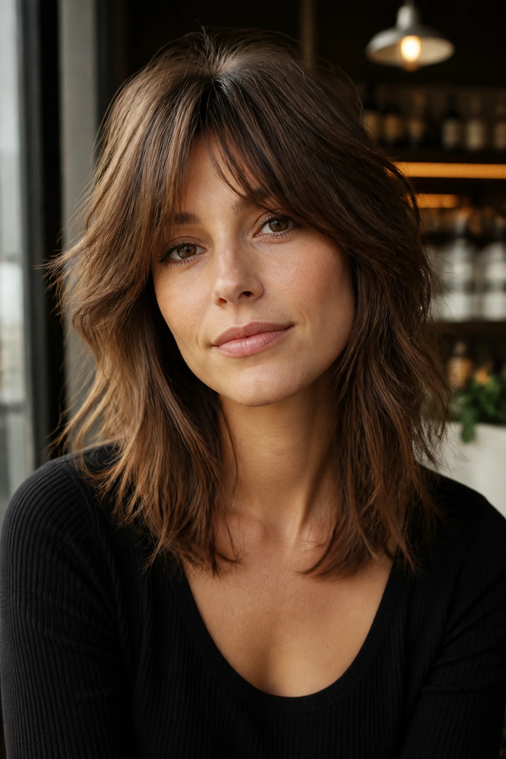 Close-up of razor-cut midi shag on a real person