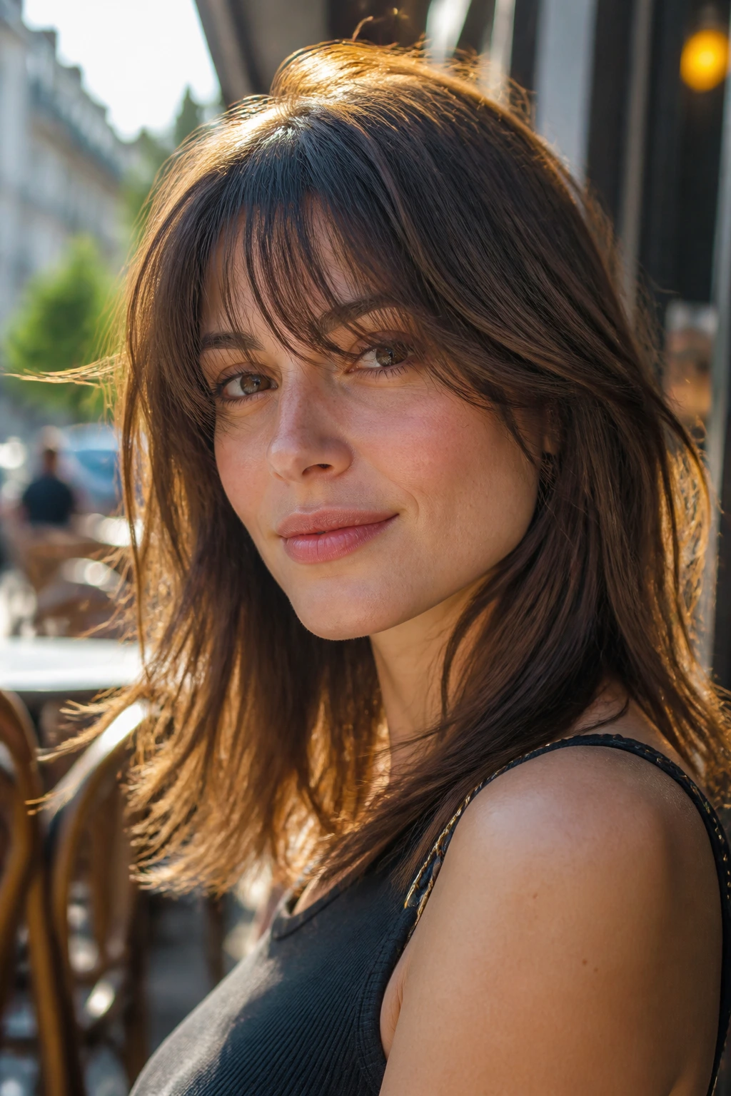 Portrait of a woman with razor-cut midlength hair and feathery fringes outdoors at golden hour