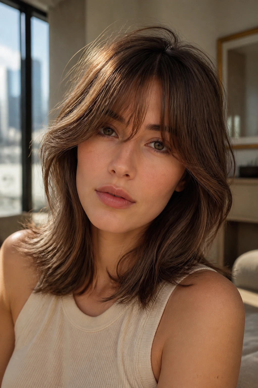 Portrait of a person with razor-cut midlength hair and swept curtain fringe in an urban window light setting