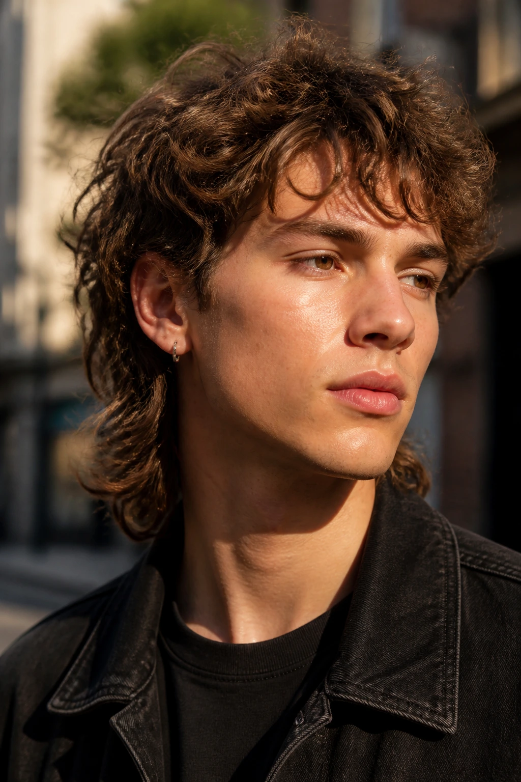 Close-up portrait of a real person with a soft razor-cut mullet in golden-hour light