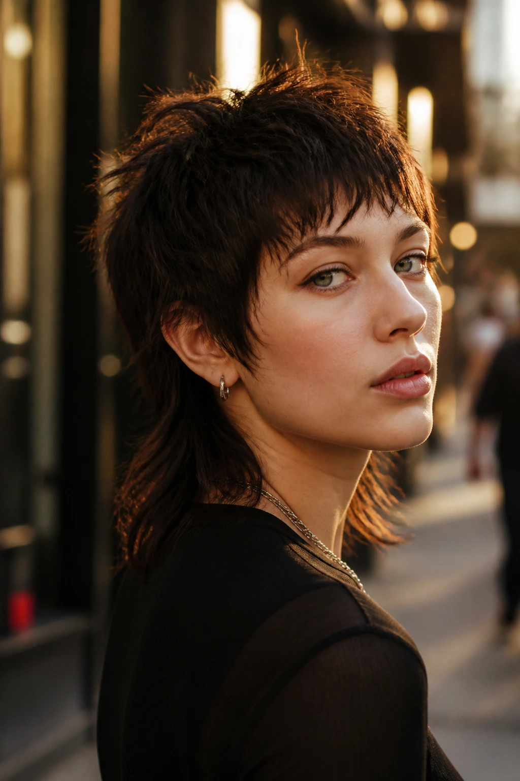 Three-quarter portrait of person with razor-cut mullet shag hairstyle outdoors at golden hour