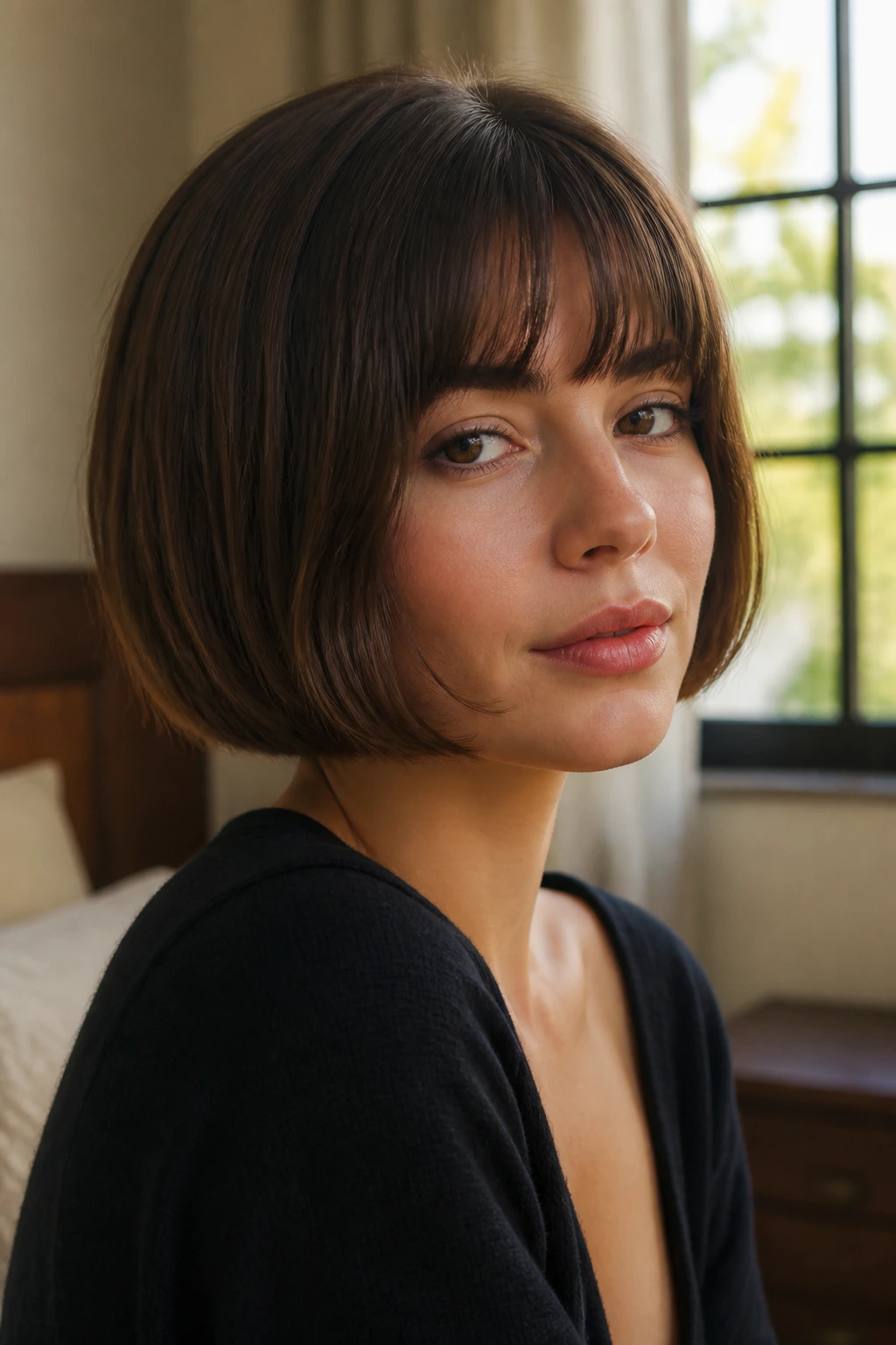 Close-up portrait of a real woman with razor-cut pageboy and soft ends in warm window light