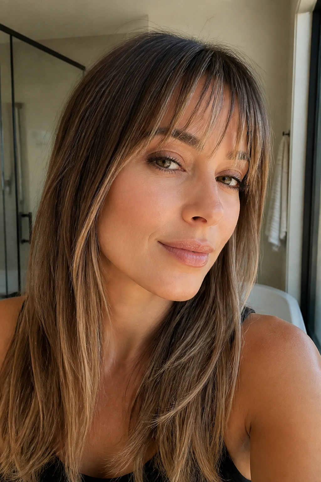 Real woman with razor-cut piecey bangs on straight or fine hair