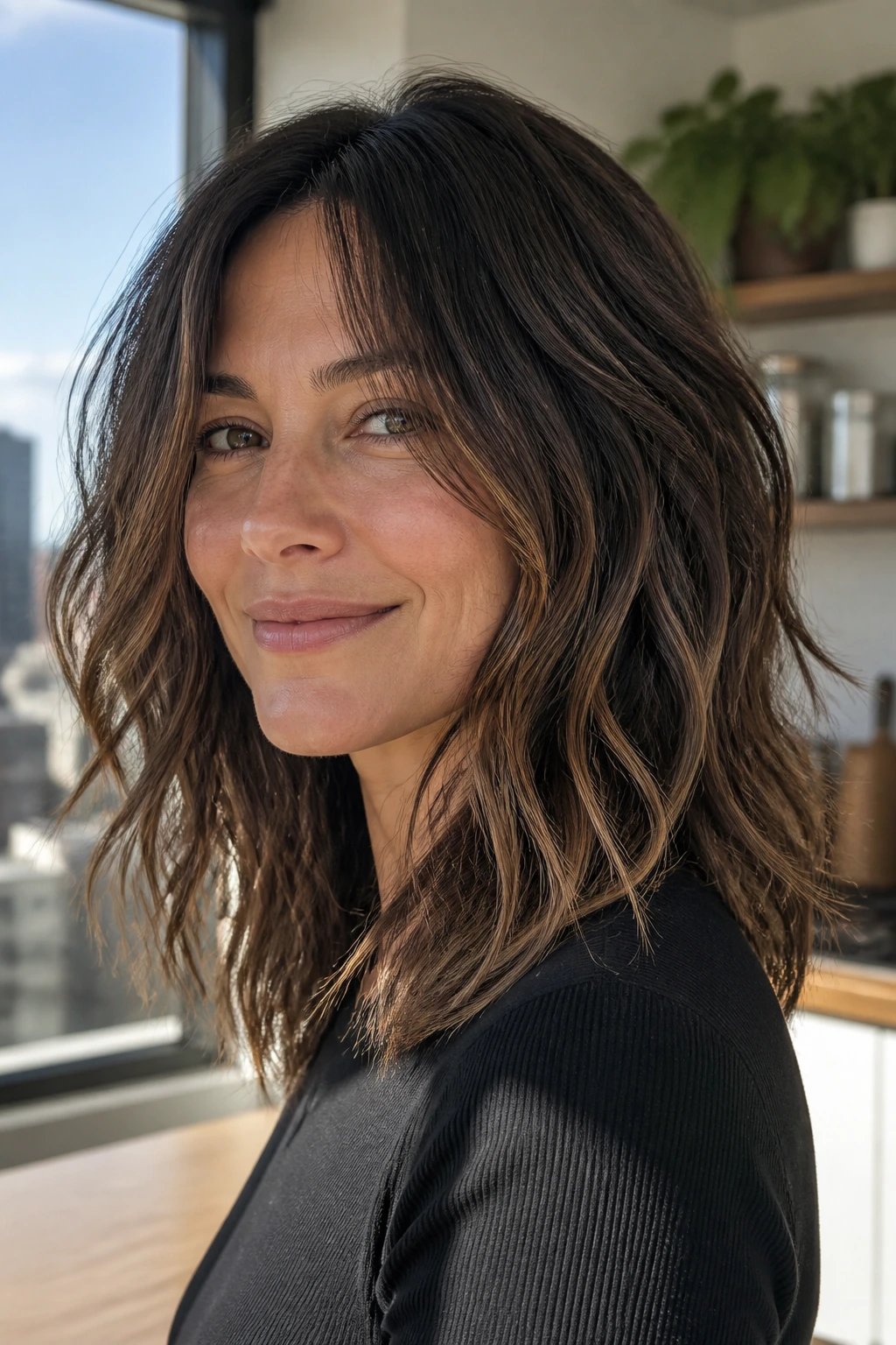 Close-up of a real woman with razor-cut piecey ends and natural waves in daylight