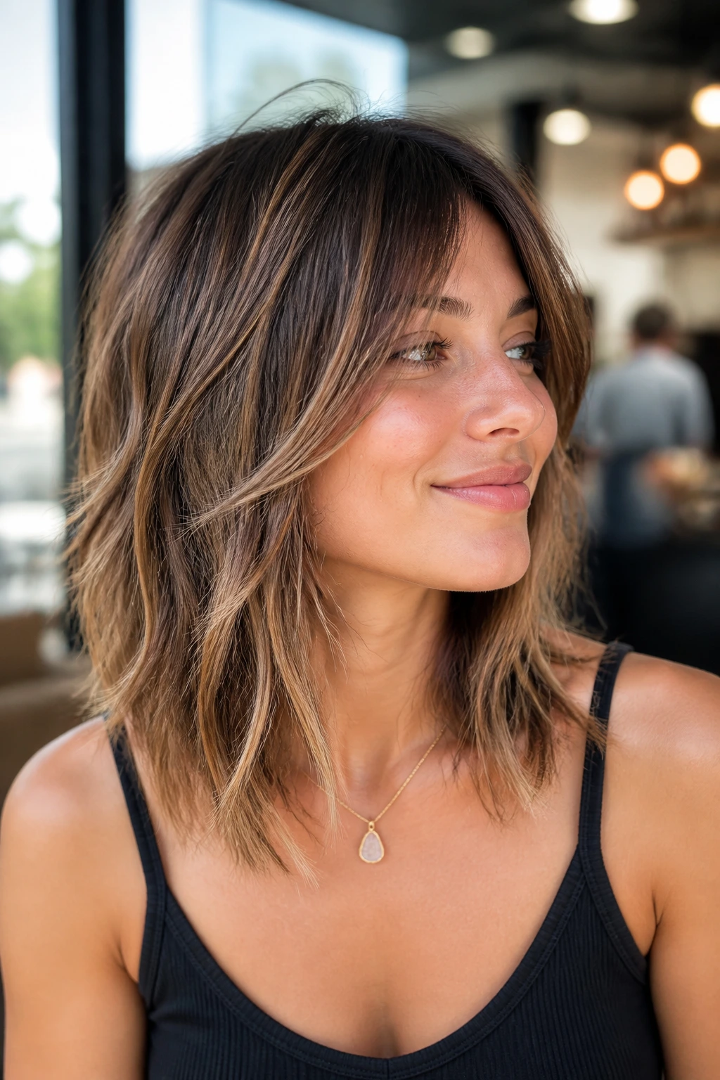 Close-up of a real person with razor-cut piecey layers and defined strand separation