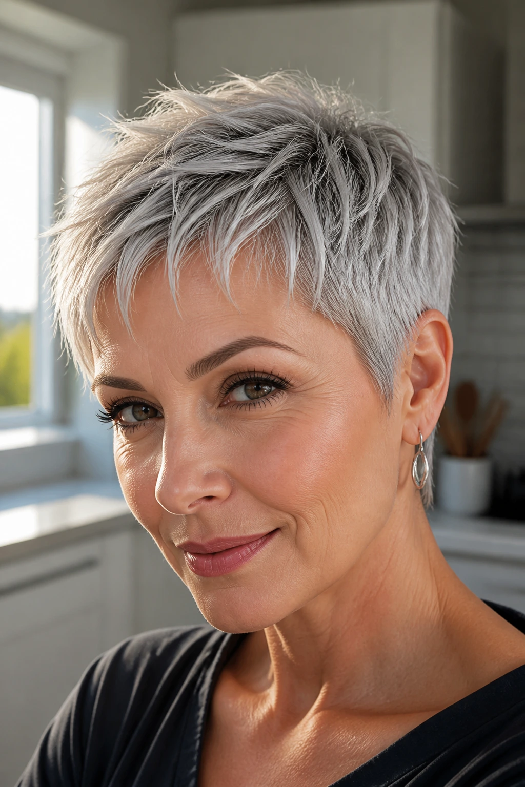 Close-up portrait of a real person with piecey razor-cut pixie in silver.