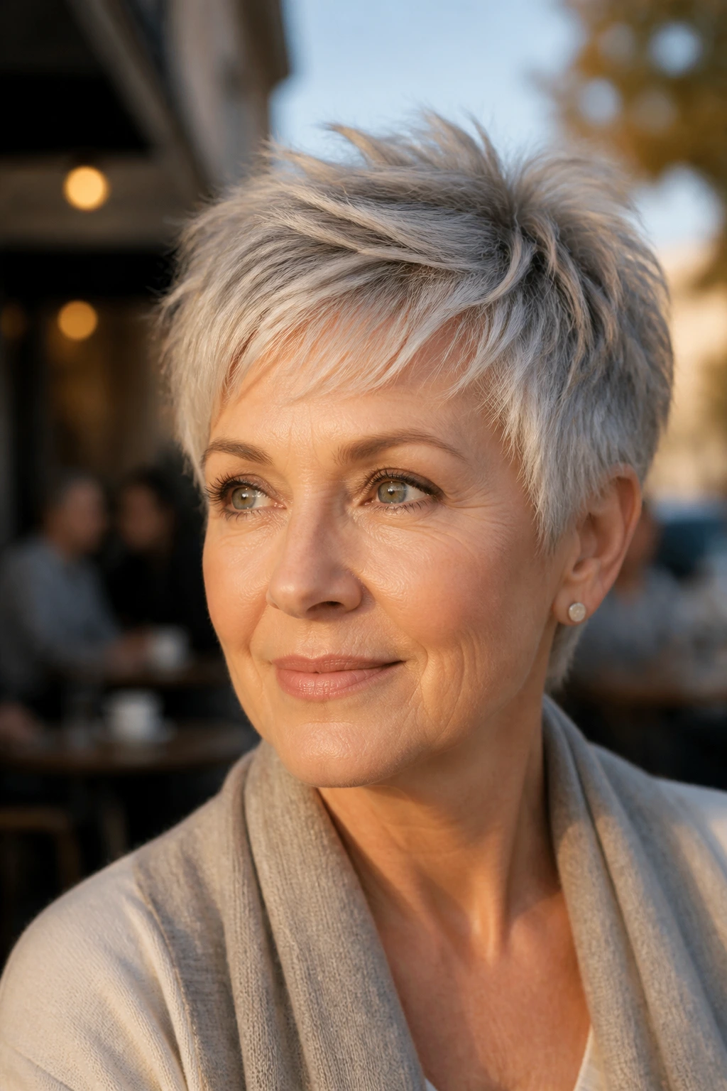 Real woman with razor-cut pixie and airy ends.