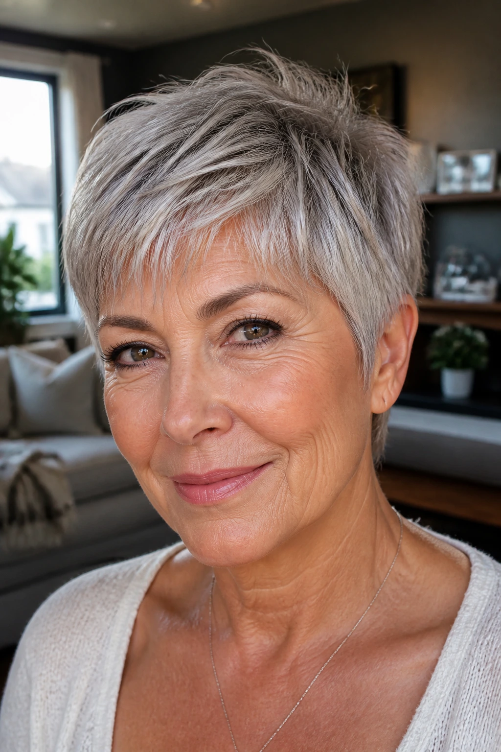 Portrait of a woman with a razor-cut airy pixie hairstyle.