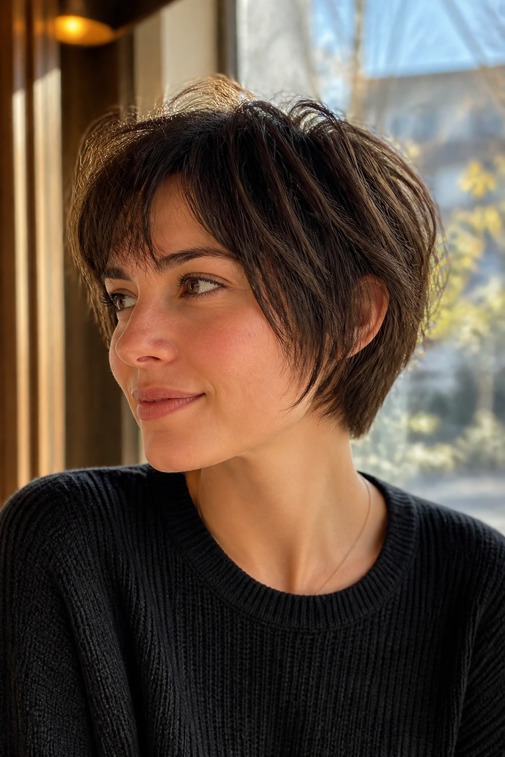 Close-up portrait of a woman with razor-cut pixie bob showing textured ends