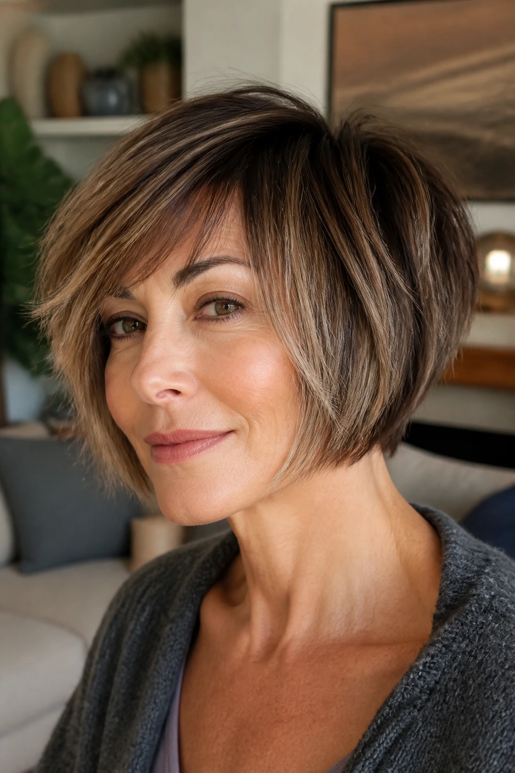 Close-up of a real woman with a razor-cut pixie bob showing movement.