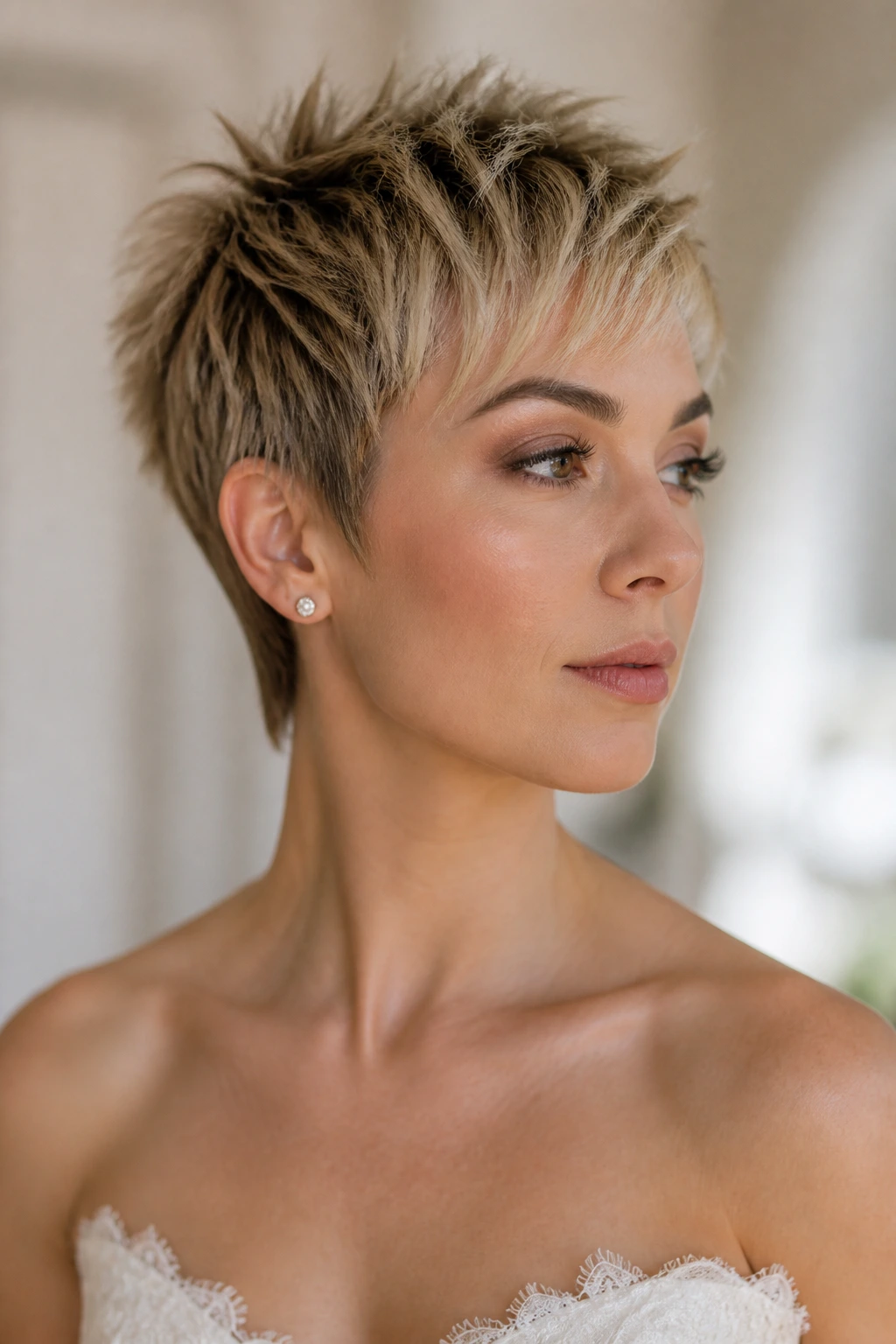 Close-up of a bride with a razor-cut piecey pixie
