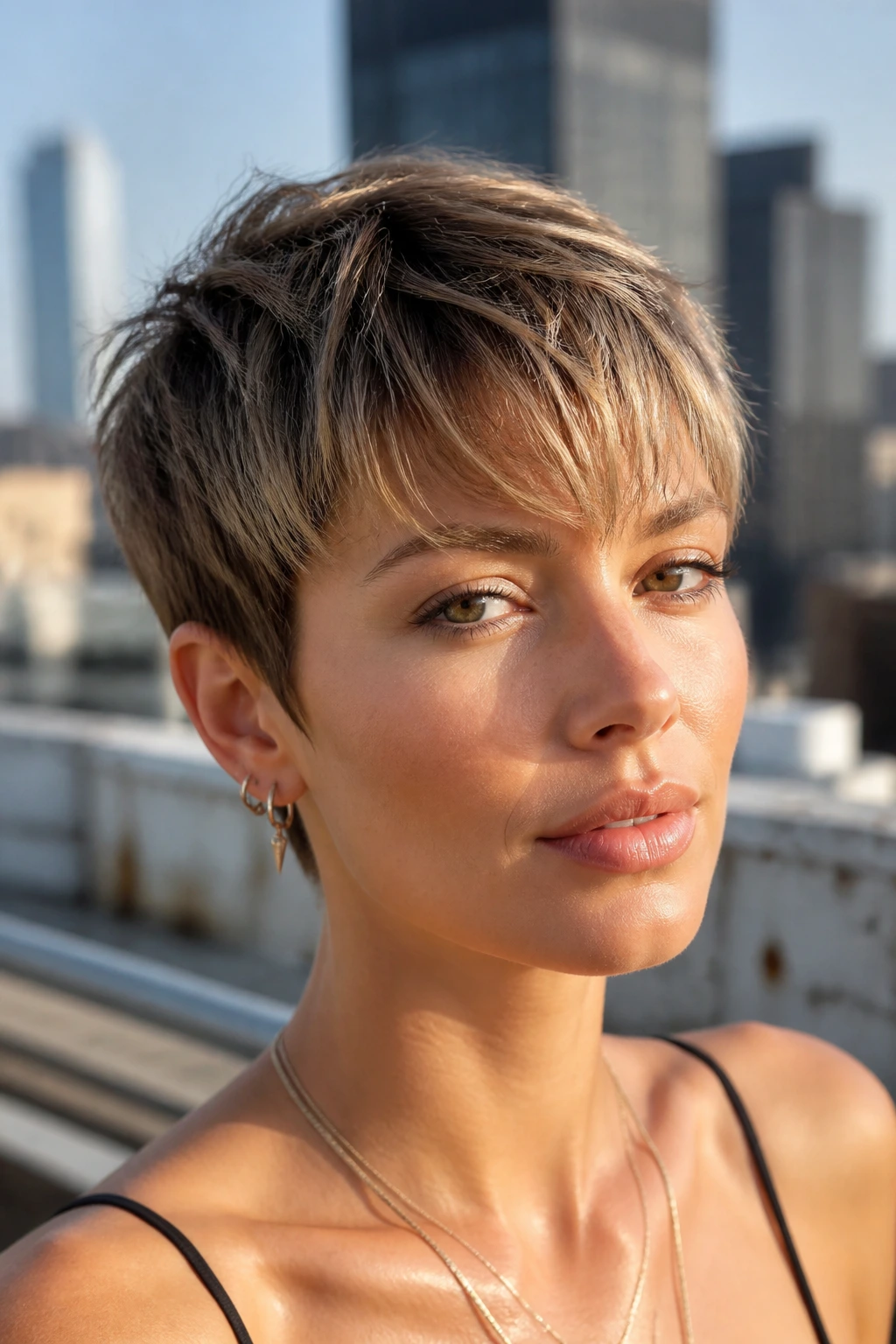 Close-up portrait of a real woman with a razor-cut pixie and feathered fringe against a city skyline.