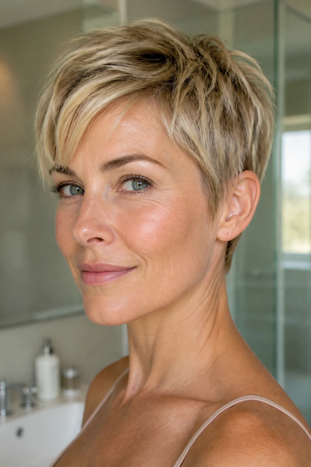 Close-up of a real woman with razor-cut pixie showing soft edges and movement