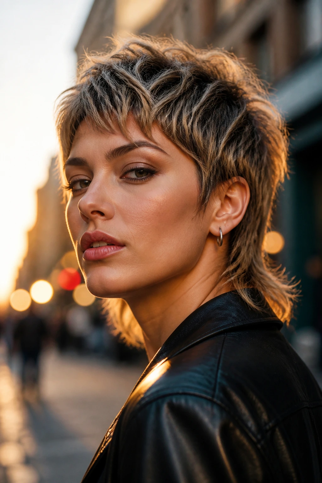 Portrait of a person with razor-cut pixie mullet and airy top.