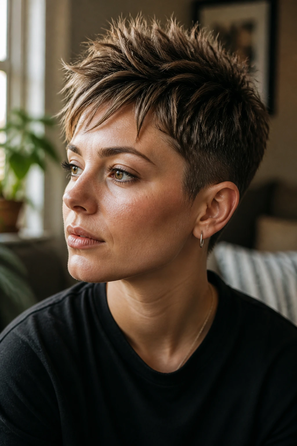 Real person with razor-cut pixie and piecey crown under warm window light