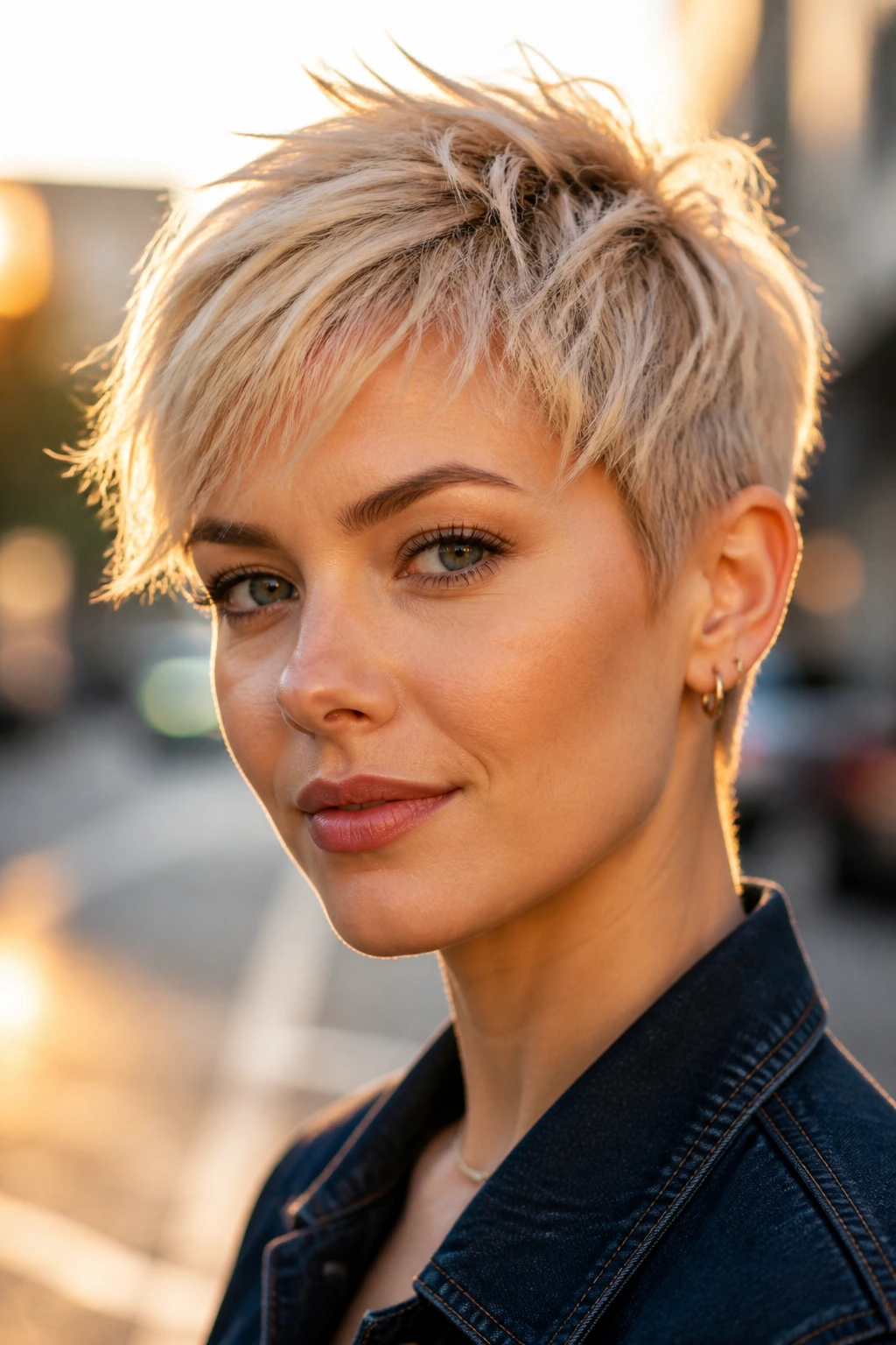 Portrait of a real woman with razor-cut pixie featuring wispy ends and crown separation.