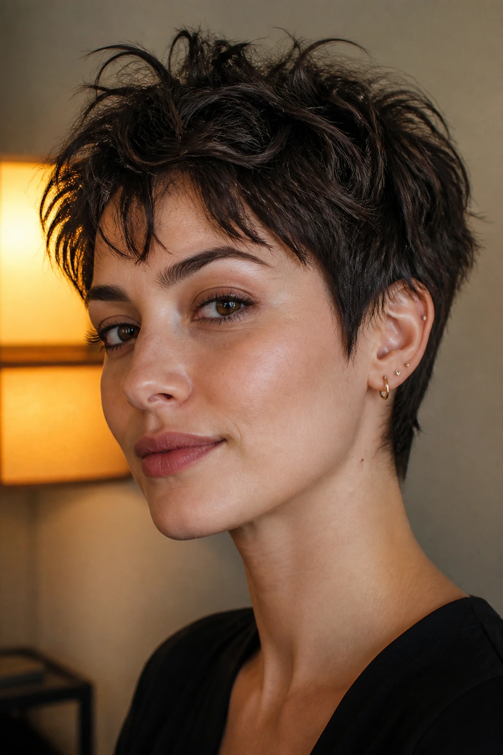 Close-up of real person with razor-cut pixie hairstyle