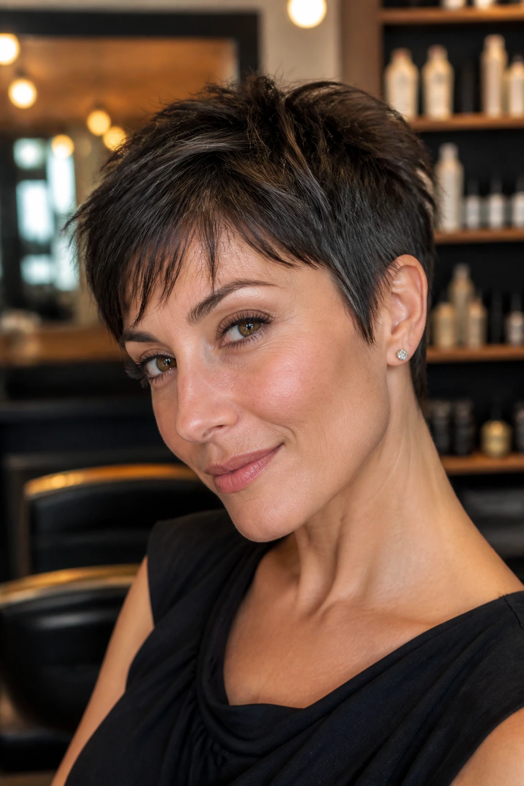 Portrait of real woman with razor-cut pixie showing textured edges