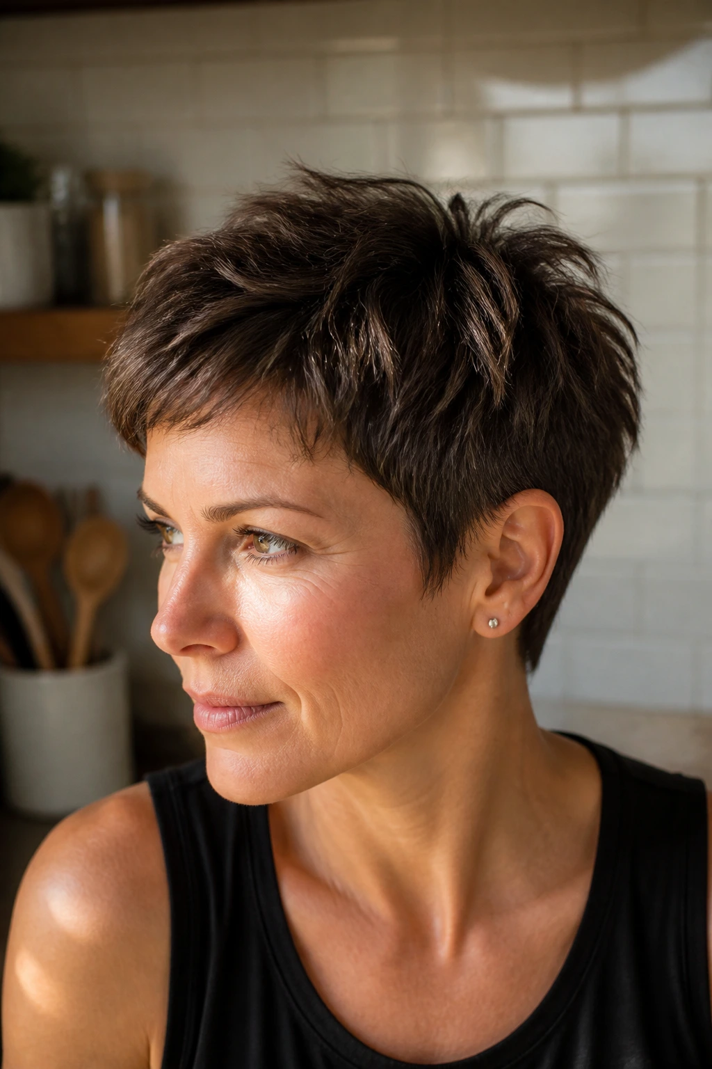 Portrait of a real woman with razor-cut pixie hairstyle showing textured ends