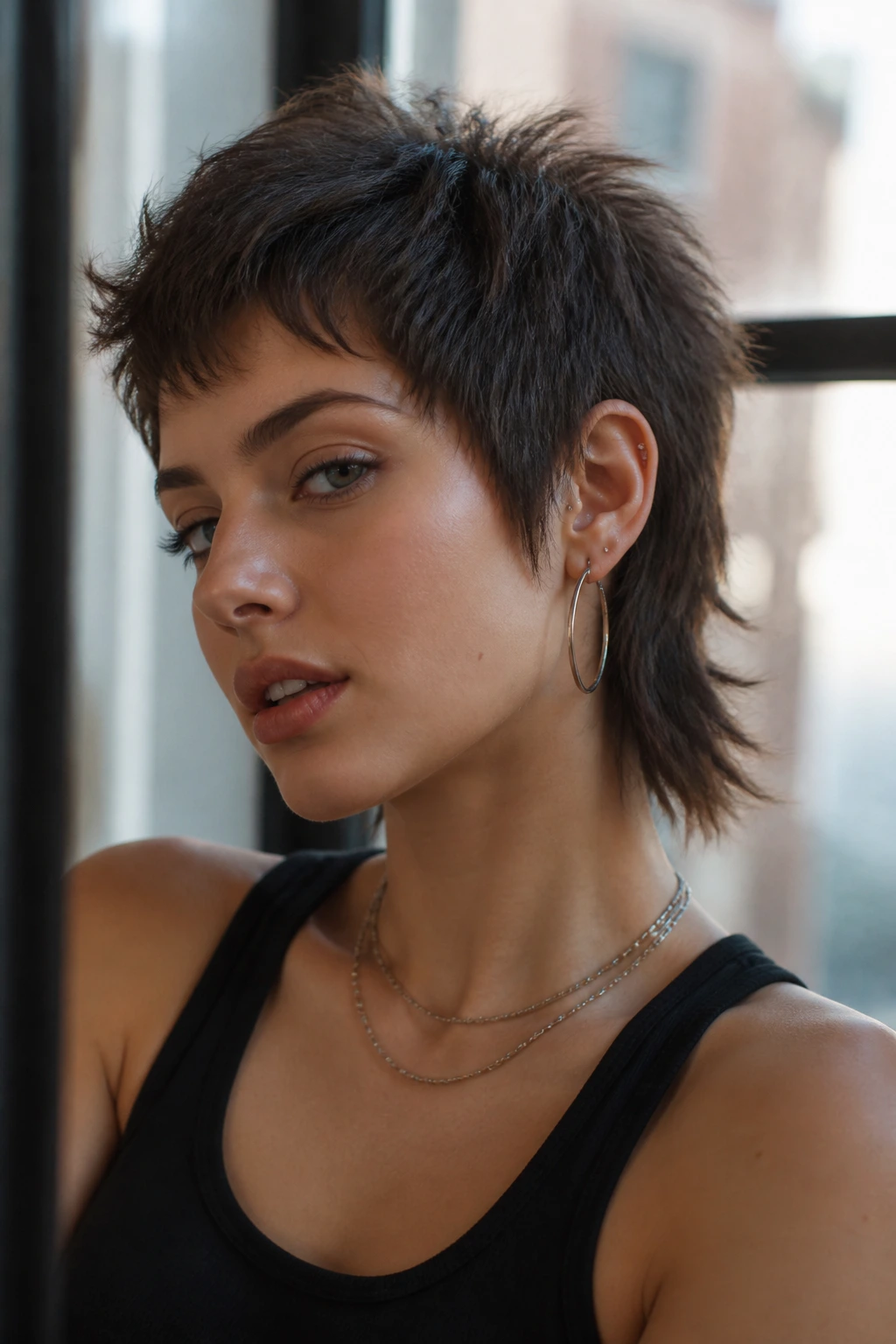 Portrait of person with razor-cut pixie wolf mullet under natural window light.