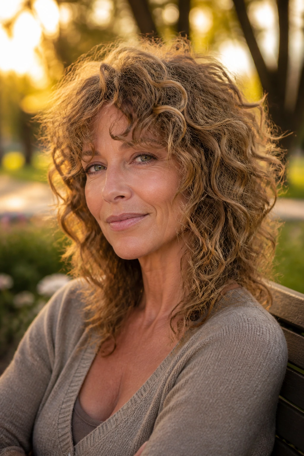 Close-up portrait of a real woman with razor-cut ringlet shag