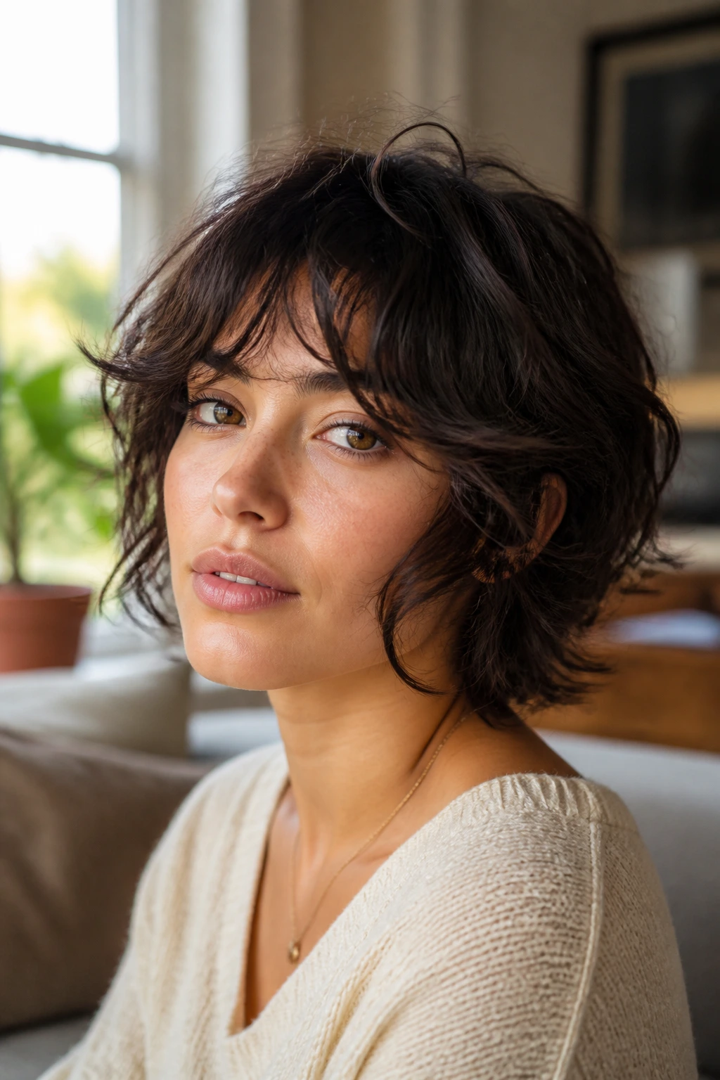 Close-up of a woman with S-curve razor-cut shag front pieces bending around the face